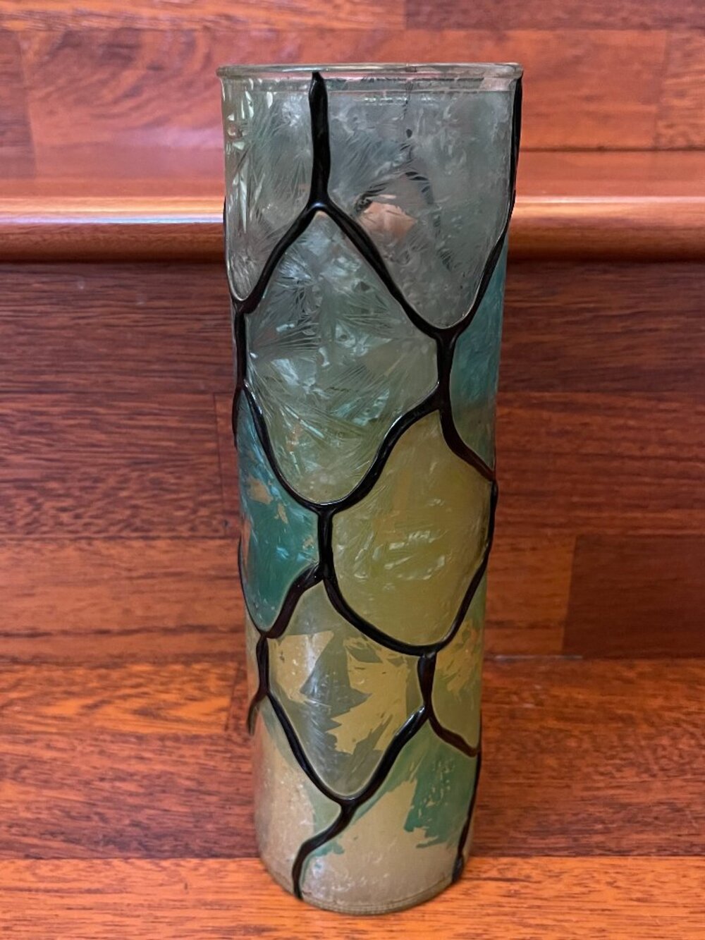 Cylindrical Candle Vase Green Yellow Blue Stained Glass Design